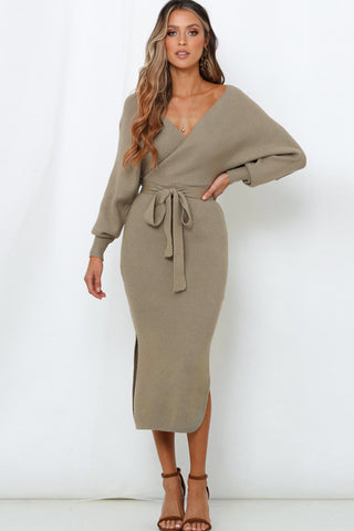 Hot Girl Surplice Neck Bow Waist Slit Sweater Midi Dress