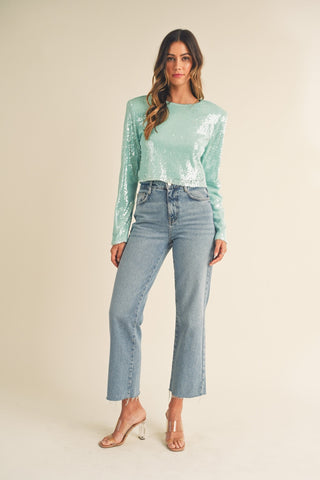 Hot Girl MABLE Shoulder Padded Sequin Long Sleeve Crop Top In Mint