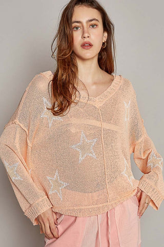 Hot Girl V-Neck Star Print Lightweight Knit In Peach  Long Sleeve Top