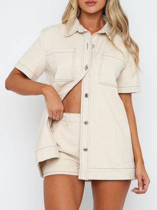 Hot Girl Pocketed Button Up Top and Shorts Two Piece Set