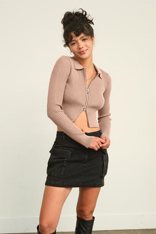 Hot Girl Double Zero Ribbed Double Zip Cropped Cardigan In Taupe