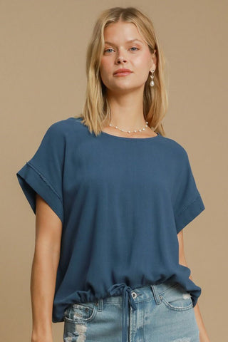 Hot Girk X Umgee Drawstring Hem Linen Short Sleeve T-Shirt In Peacock Blue