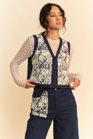 Hot Girl X Davi & Dani Lace Appliqué Open Front Denim Vest Top