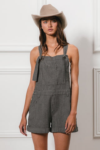 Hot Girl Tie Strap Washed Stripe Denim Overalls In Charcoal - Hot Girl Apparel