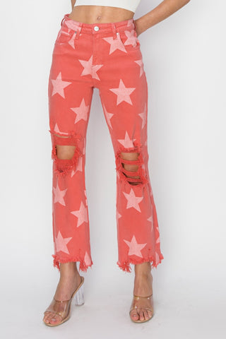 Hot Girl Distressed Raw Hem Star Pattern Jeans In Red