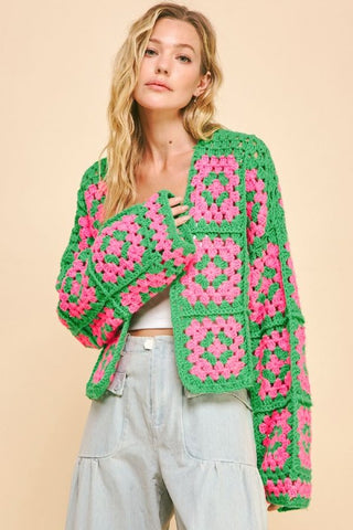 Hot Girl X Davi & Dani Two Tone Flower Crochet Open Front Cardigan In Green