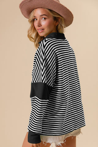 Hot Girl Striped Contrast Knit In Black Long Sleeve Top