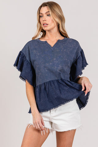 Hot Girl SAGE + FIG Ruffle Sleeve Washed In Navy Short Sleeve Blouse