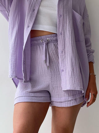 Hot Girl Soft Rayon Textured Button Up Shirt and Drawstring Shorts Two Piece Set