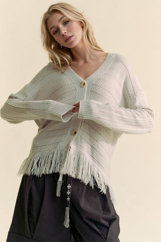 Hot Girl X Davi & Dani Fringe V-Neck Cardigan In Grey