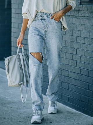 Hot Girl Distressed Asymmetric Waist Jeans