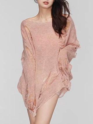 Hot Girl Distressed Boat Neck Knit Cover Up Long Sleeve Top