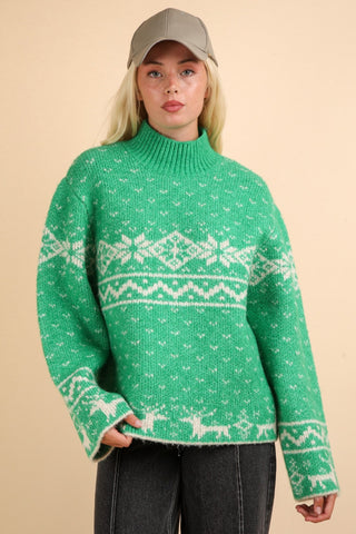 Hot Girl VERY J Christmas Fair Isle Mock Neck Sweater In Green