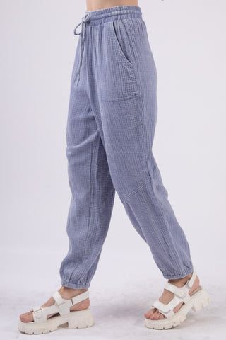 Hot Girl Washed Woven Crinkle Gauze Drawstring Cargo Pants In Blue