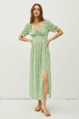 Hot Girl Be Cool Floral Smocked Back Slit Dress In Green