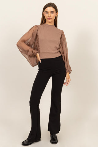 Hot Girl HYFVE Ruched Sheer Mock Neck In Mocha Short Sleeve Blouse