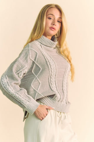 Hot Girl X Davi & Dani Cable-Knit Turtleneck Sweater In Grey