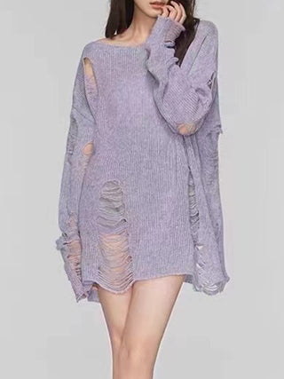 Hot Girl Distressed Boat Neck Knit Cover Up Long Sleeve Top