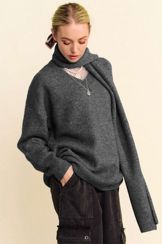 Hot Girl X Davi & Dani V-Neck Dropped Shoulder Sweater With Scarf Set In Charcoal