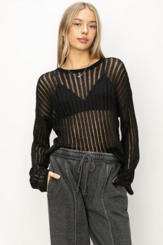 Hot Girl Openwork Ribbed Knit In Black Long Sleeve Top