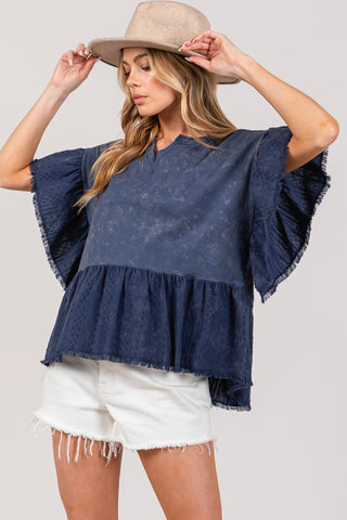 Hot Girl SAGE + FIG Ruffle Sleeve Washed In Navy Short Sleeve Blouse