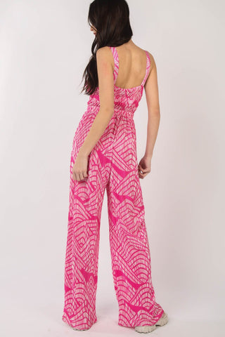 Hot Girl Geometric Pleated Sleeveless Wide Leg Jumpsuit In Hot Pink - Hot Girl Apparel