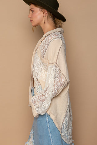 Hot Girl Oversized Floral Lace Boho Button-Down Shirt In Sand - Hot Girl Apparel