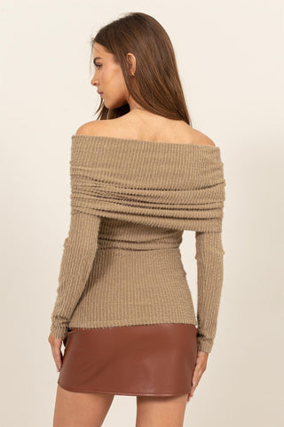 Hot Girl HYFVE Fuzzy Off Shoulder Textured Knit Long Sleeve Top In Latte