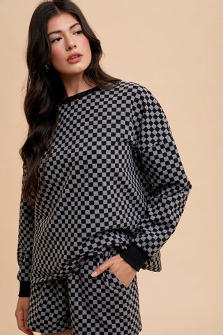 Hot Girl Annie Wear Checkered Top and Drawstring Short Lounge Set In Black