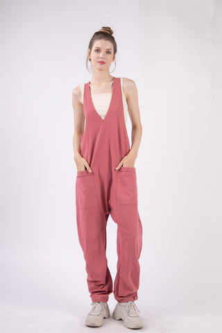 Hot Girl Basic Bae Plunge Racerback Jumpsuit with Pockets In Brick Red - Hot Girl Apparel