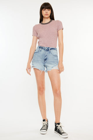 Hot Girl X Kancan Distressed High Waist Denim Shorts In Medium Wash