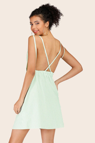 Hot Girl Sommer Striped Crisscross Plunge Mini Dress In Green - Hot Girl Apparel