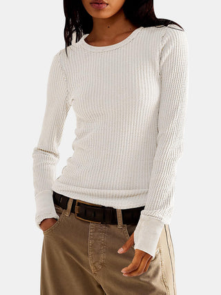 Hot Girl Exposed Seam Waffle Knit Fitted Long Sleeve T-Shirt