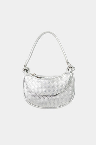 Hot Girl Fame Vegan Leather Basket Weave Half Moon Crossbody Bag In Silver