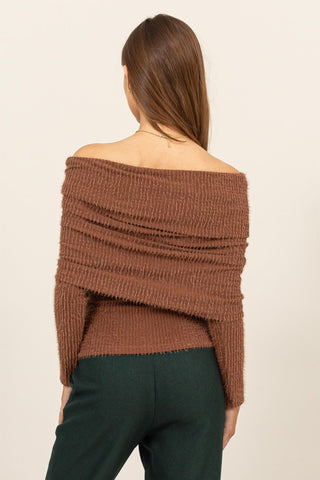 Hot Girl HYFVE Fuzzy Off Shoulder Textured Knit Long Sleeve Top In Mocha