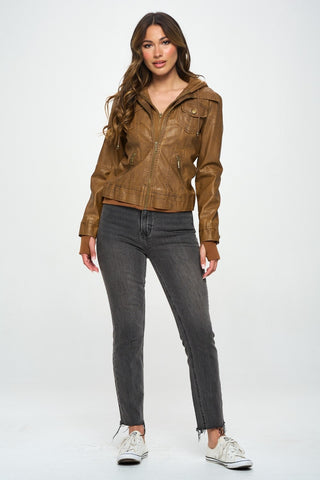 Hot Girl X Coalition LA Double Zip Hooded Long Sleeve Jacket In Camel