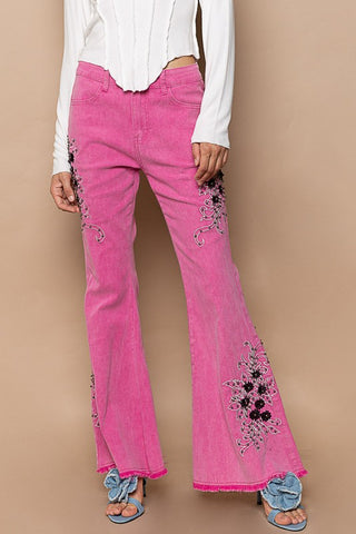 Hot Girl Raw Hem Embroidered Flare Pants In Hot Pink