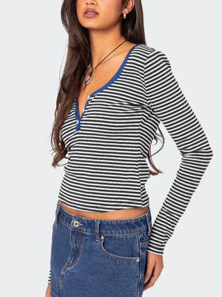 Hot Girl Striped Henley Long Sleeve T-Shirt