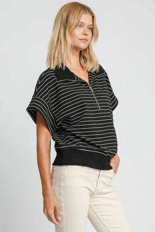 Girl X Umgee Striped Half Zip Short Sleeve Sweatshirt In Black