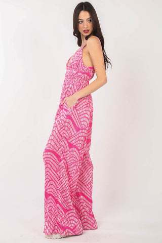 Hot Girl Geometric Pleated Sleeveless Wide Leg Jumpsuit In Hot Pink - Hot Girl Apparel