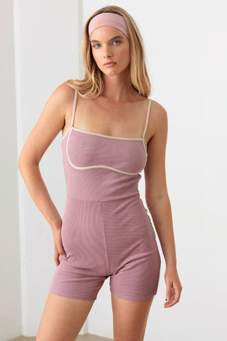 Hot Girl Le Lis Contrast Trim Ribbed Knit Bodycon Romper In Mauve