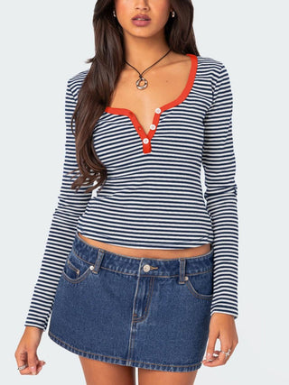 Hot Girl Striped Henley Long Sleeve T-Shirt