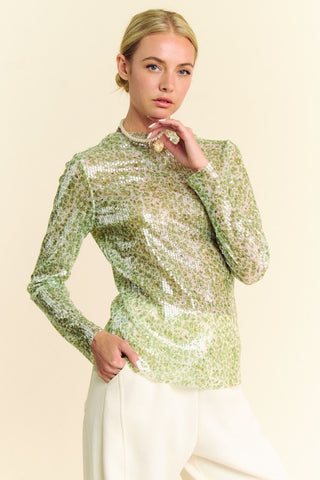 Hot Girl X Davi & Dani Sequined Mesh Mock Neck Long Sleeve Top In Sage