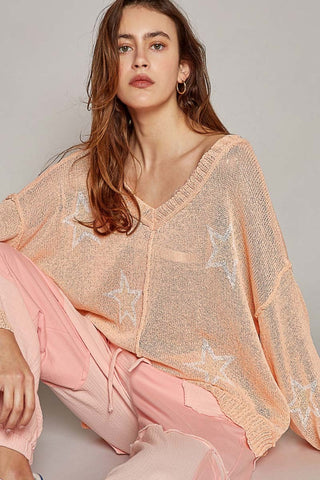 Hot Girl V-Neck Star Print Lightweight Knit In Peach  Long Sleeve Top