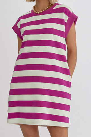 Hot Girl Magenta Striped Cap Sleeve Dress With Pockets - Hot Girl Apparel