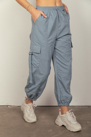 Hot Girl Elastic Waist Woven Cargo Pants In Dusty Blue