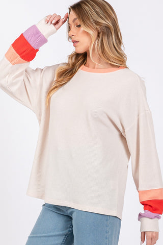 Hot Girl SAGE + FIG Color Block Waffle Knit Long Sleeve T-Shirt In Cream