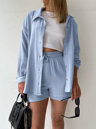 Hot Girl Soft Rayon Textured Button Up Shirt and Drawstring Shorts Two Piece Set