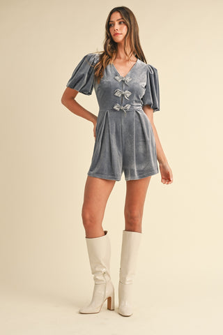 Hot Girl MABLE Jewel Bow Puff Sleeve Velvet Romper In Dusty Blue