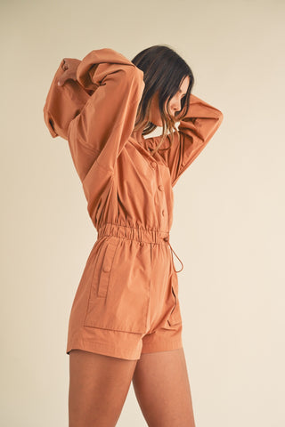 Hot Girl MABLE Snap Down Long Sleeve Hooded Romper In Orange